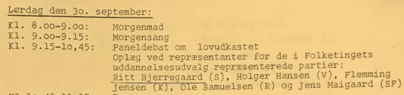Programmet, lørdag 30. september 1972: »Paneldebat om lovudkastet … Ritt Bjerregaard (S), Holger Hansen (V), Flemming Jensen (K), Ole Samuelsen (R) og Jens Maigaard (SF).«